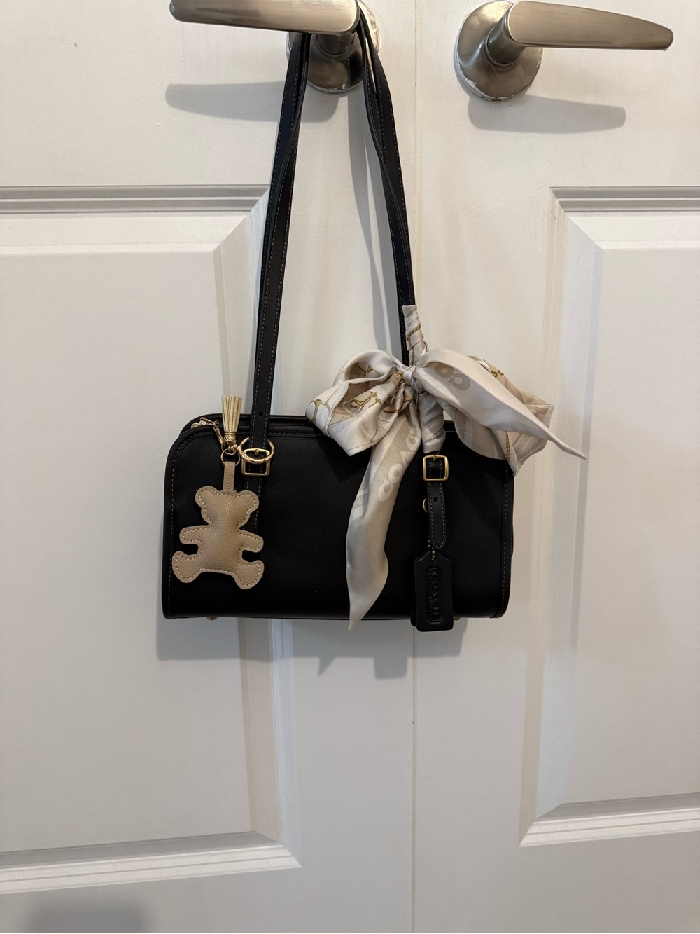 Coach Black Leather Shoulder Bag with Ivory Scarf Accent